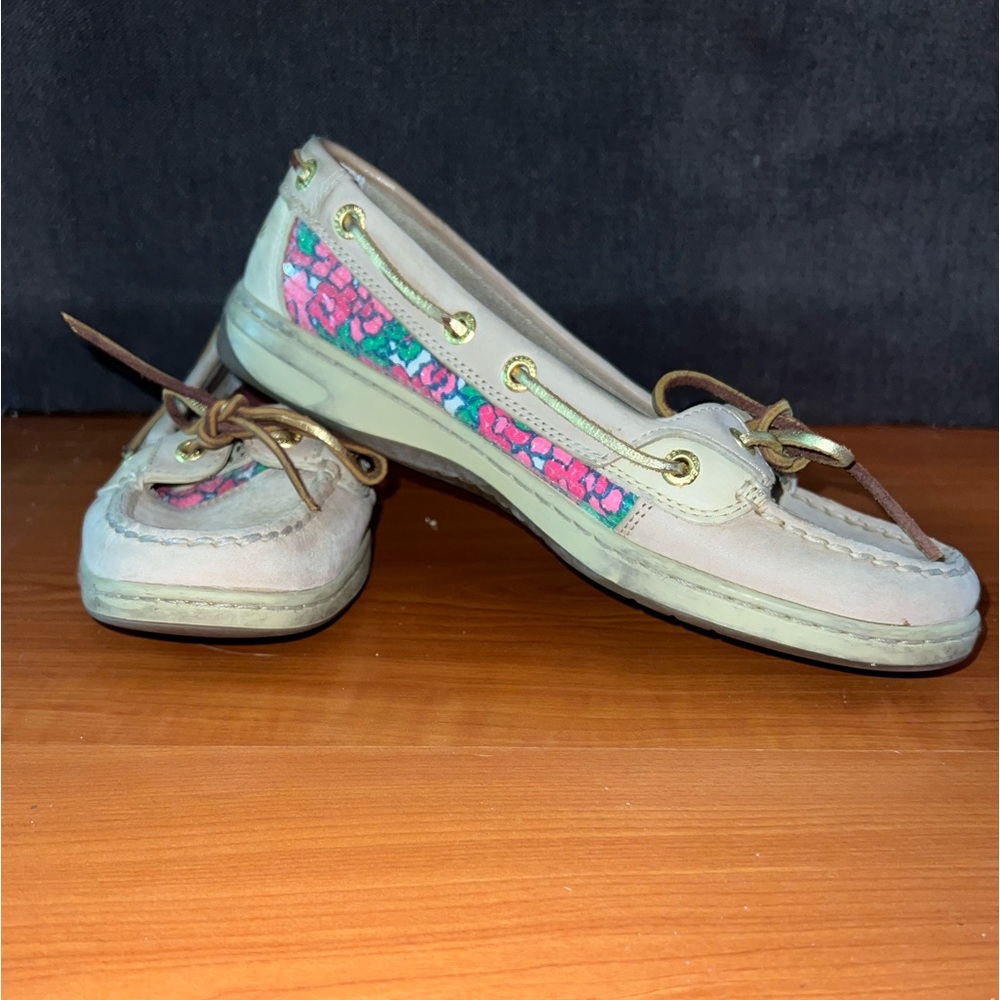 Sperry Ladies Boar Shoes Khaki with Pink Floral Print Size 7M